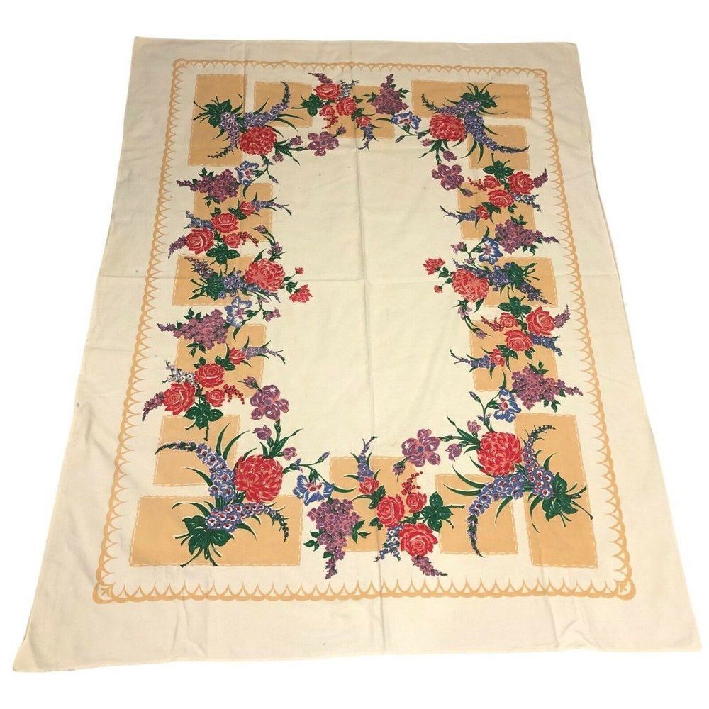 Vintage Startex Midcentury Modern Floral Fall Foxglove Peony Tablecloth 65”x49”